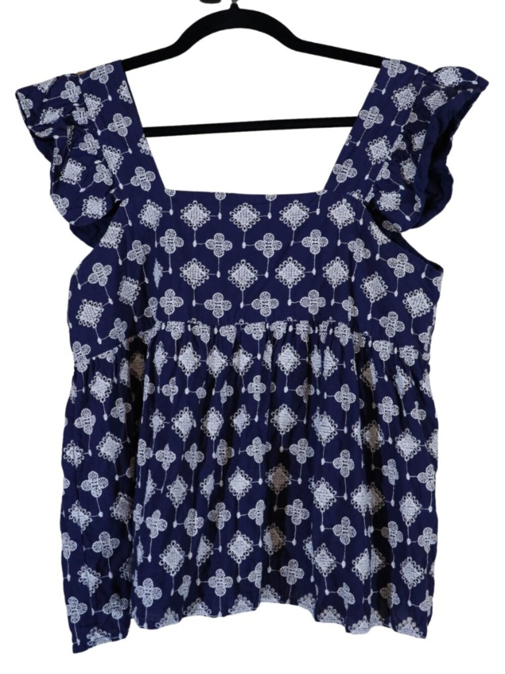 THML Navy Blue White Embroidered Flutter Sleeve Square Neck Top Blouse Size M